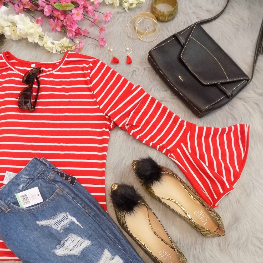 Stripe Bell Sleeves Top  XL